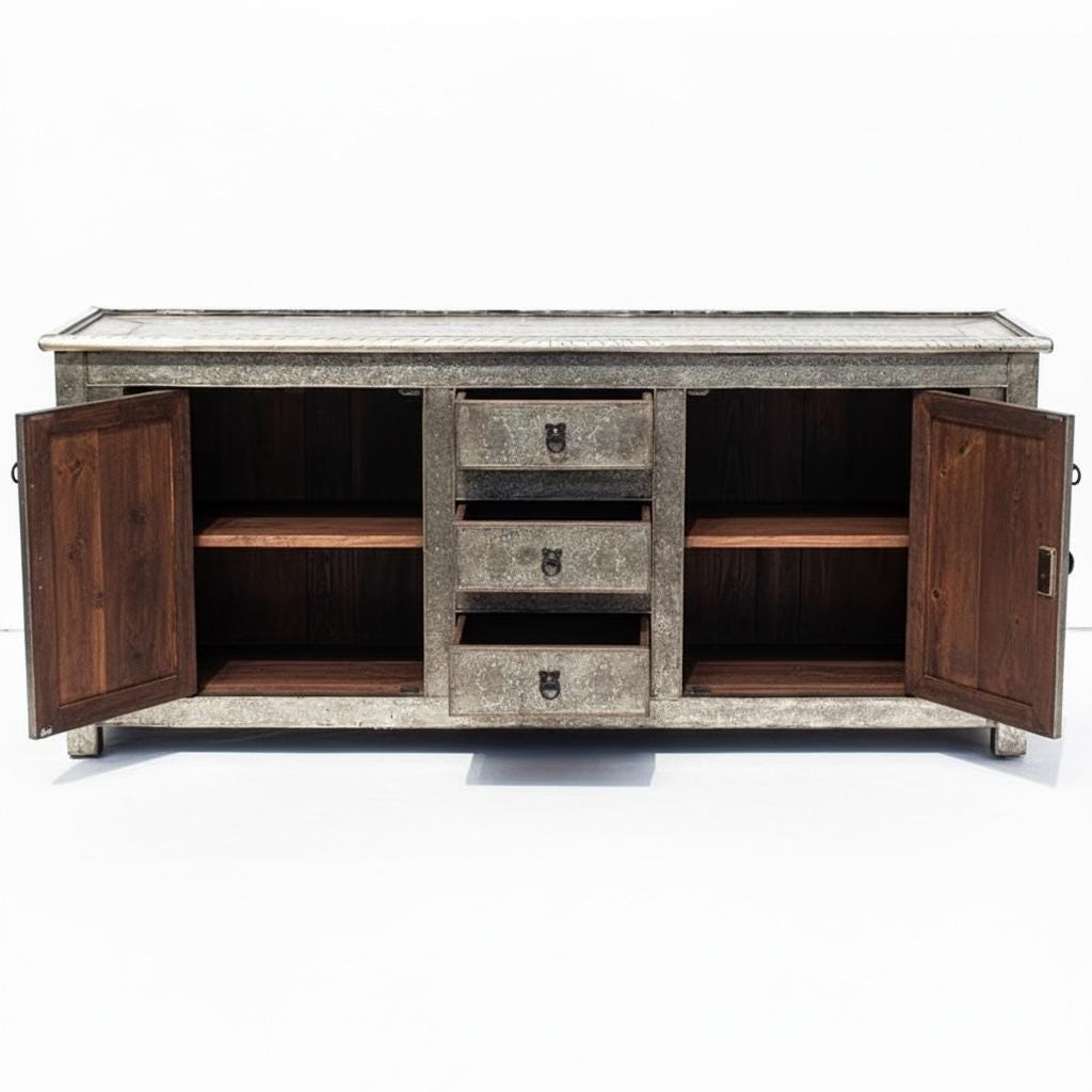 Hamsa Hand TV Cabinet, Moroccan Silver Metal Buffet, Handmade Furniture