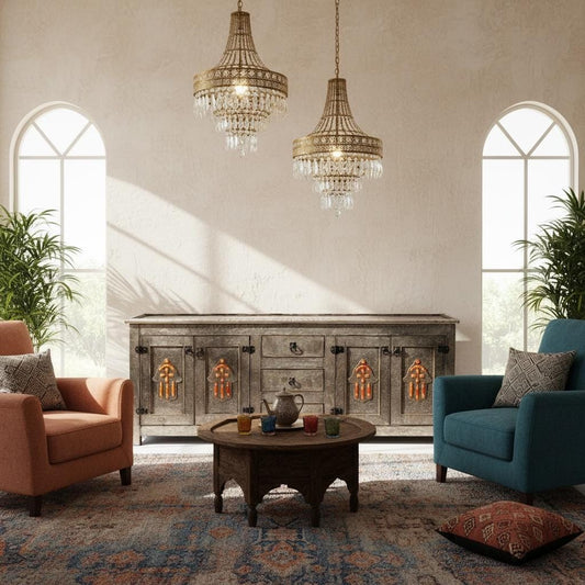 Hamsa Hand TV Cabinet, Moroccan Silver Metal Buffet, Handmade Furniture