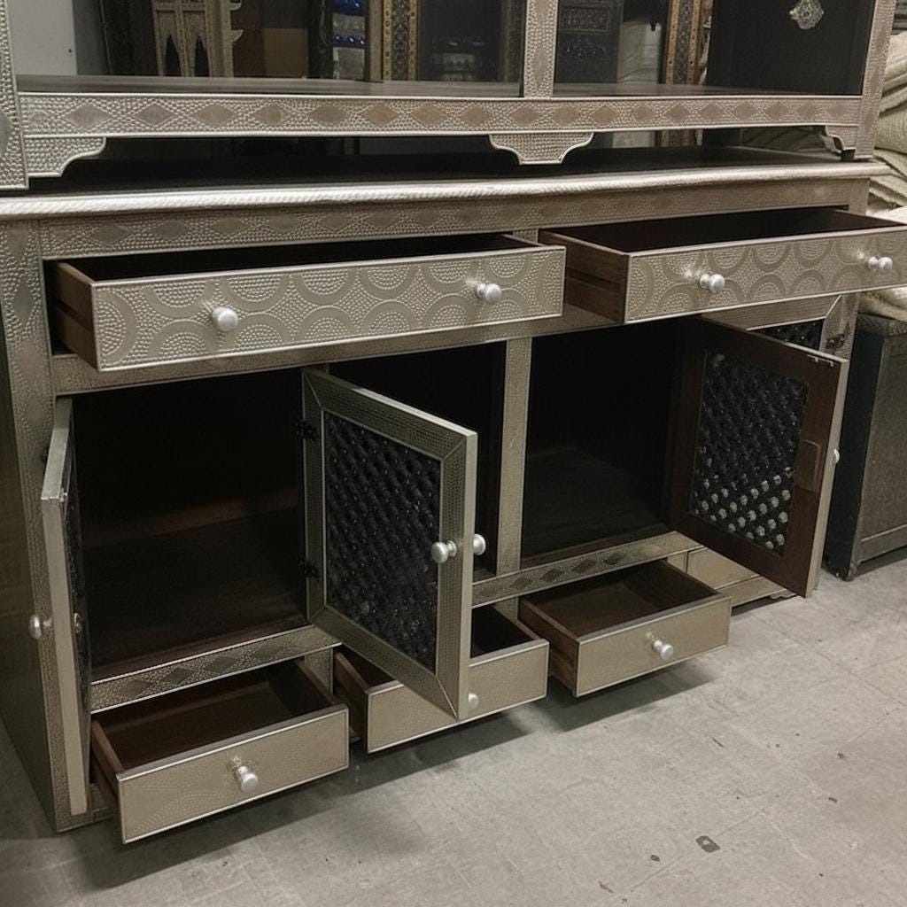 Handmade Moroccan Silver Metal Cabinet: Mousharabia Door, Wood Frame