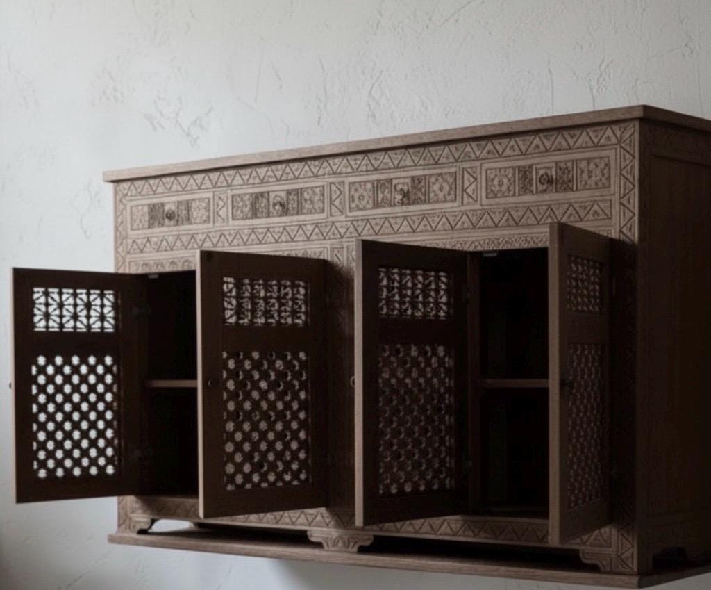 Handmade Moroccan Credenza: Mousharabia Lattice, Solid Wood Buffet