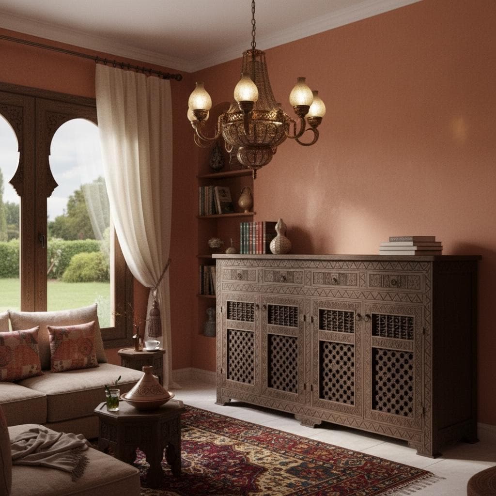 Handmade Moroccan Credenza: Mousharabia Lattice, Solid Wood Buffet