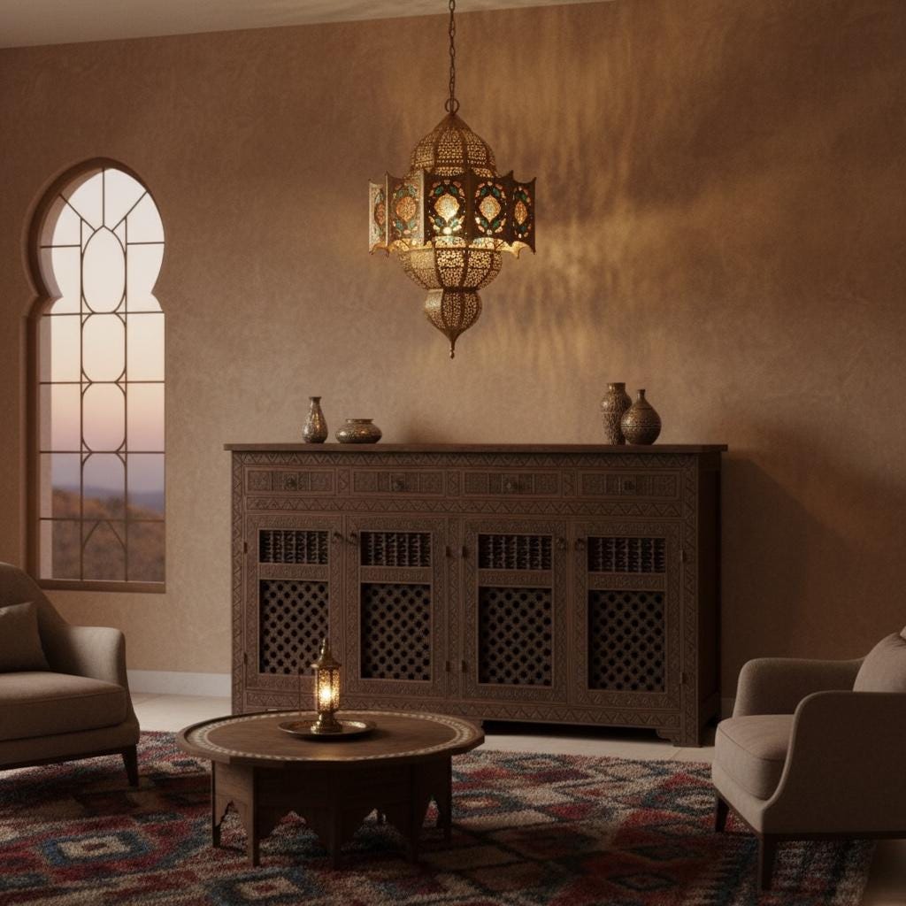 Handmade Moroccan Credenza: Mousharabia Lattice, Solid Wood Buffet