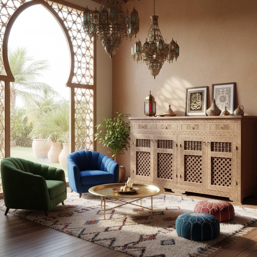 Handmade Moroccan Credenza: Mousharabia Lattice, Solid Wood Buffet