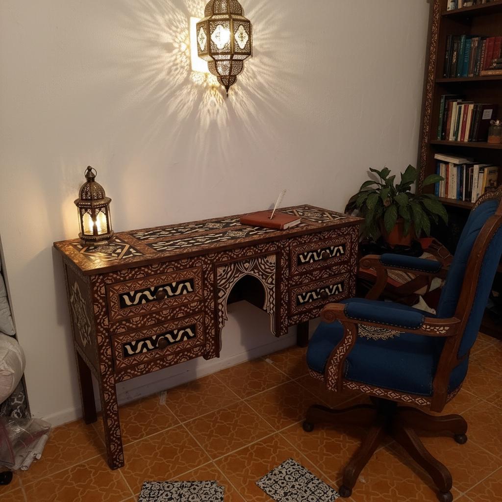 Handmade Carved Wood Desk, Moroccan Moorish Dresser with Bone Resin