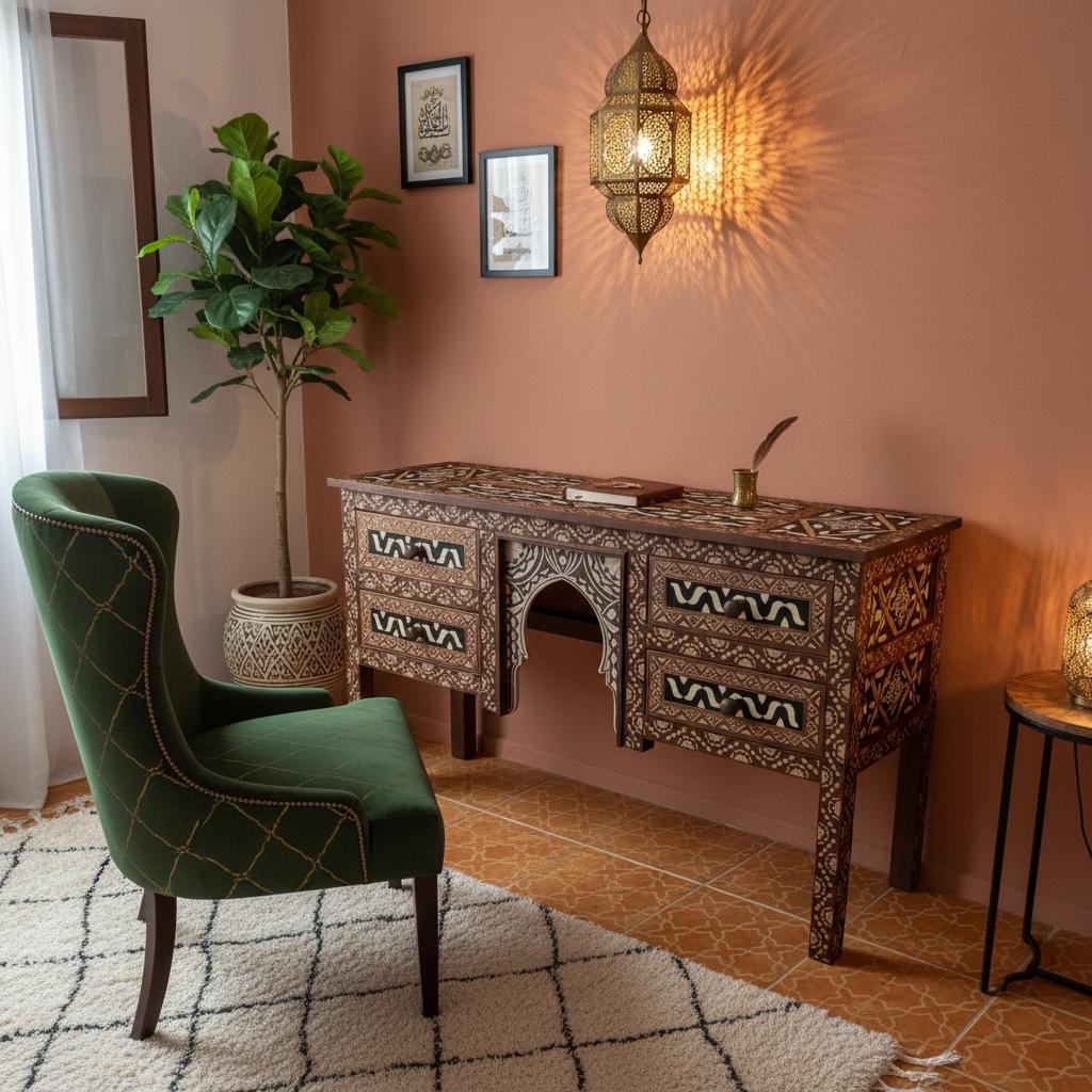 Handmade Carved Wood Desk, Moroccan Moorish Dresser with Bone Resin