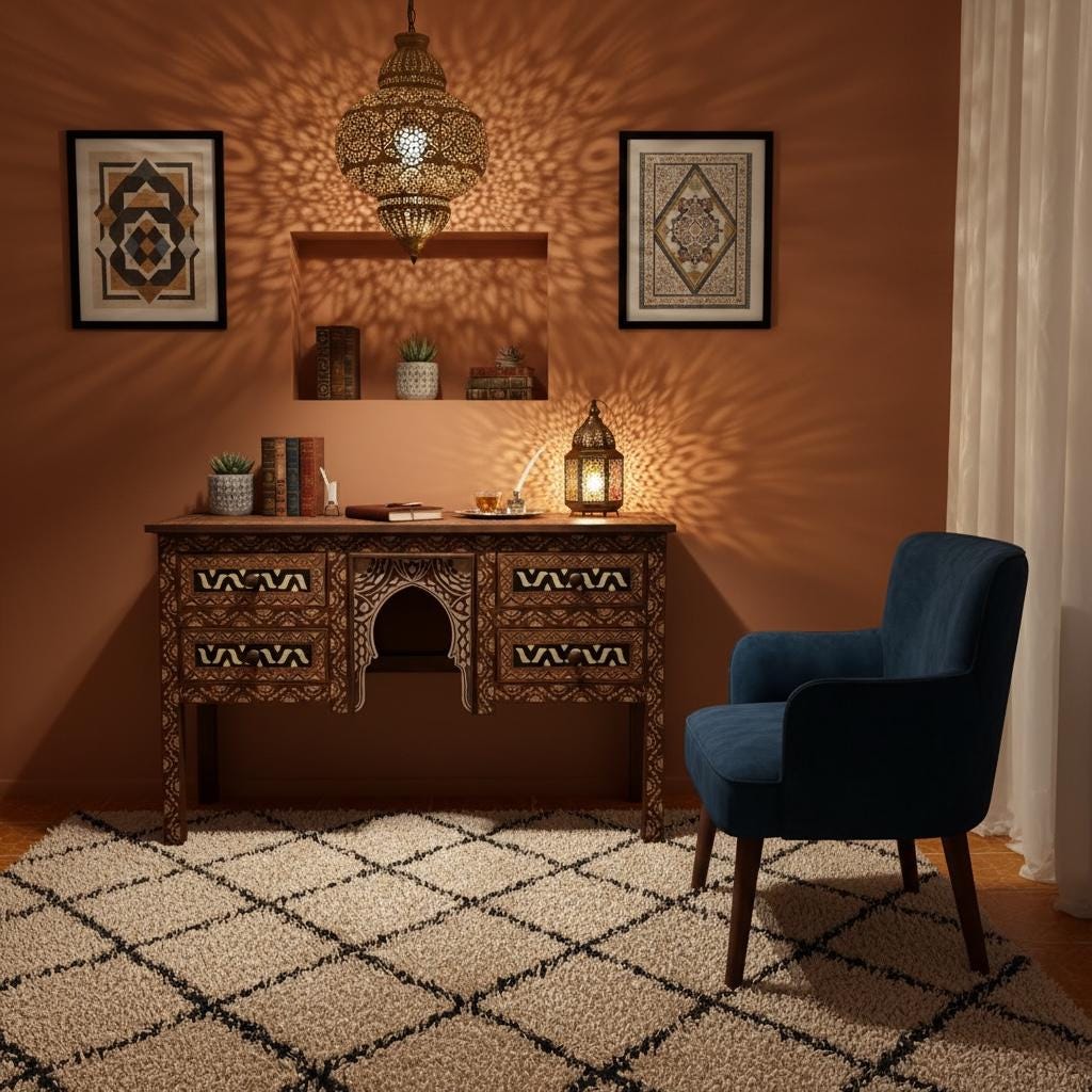 Handmade Carved Wood Desk, Moroccan Moorish Dresser with Bone Resin