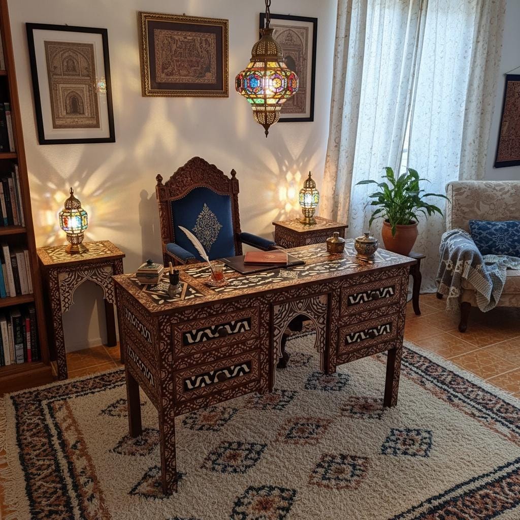 Handmade Carved Wood Desk, Moroccan Moorish Dresser with Bone Resin