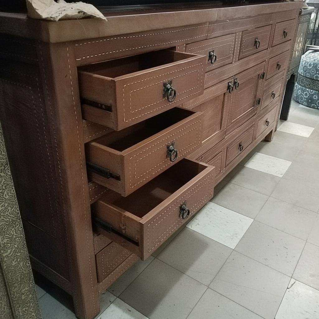 Eclectic handmade stitched moroccan leather cabinet with drawers: unique furniture decor