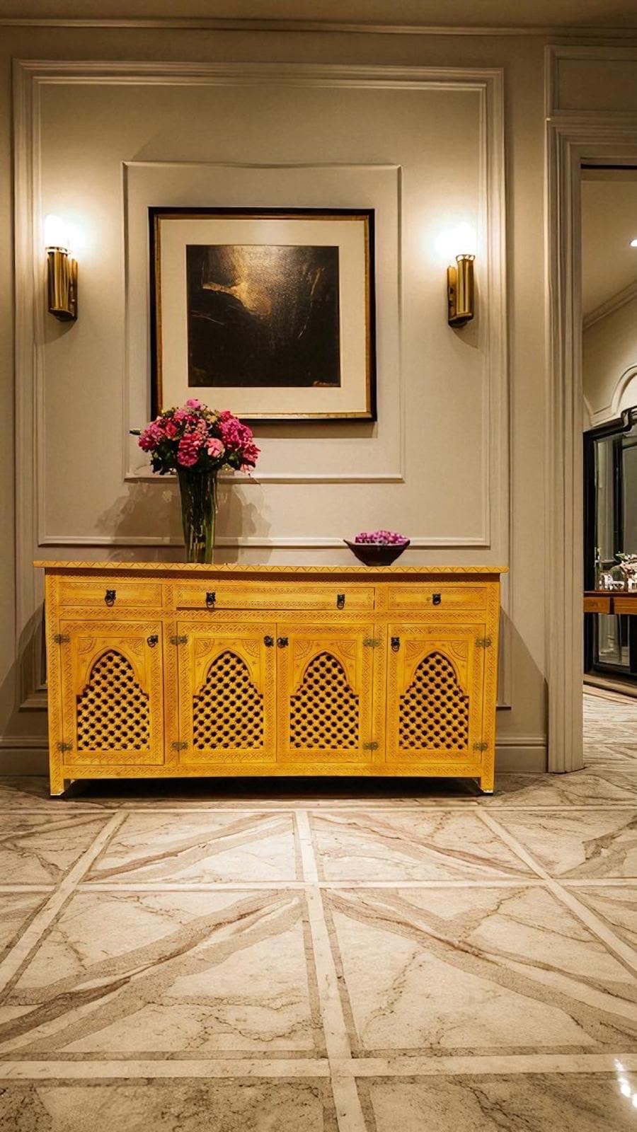 Eclectic Handmade Moroccan Wooden Credenza, Lattice Artwork Buffet