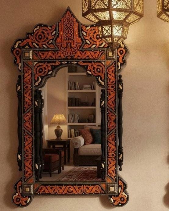 Handmade Moroccan Bone Inlay Mirror, Arabic Calligraphy Allah, Moorish Design 39” x 21”