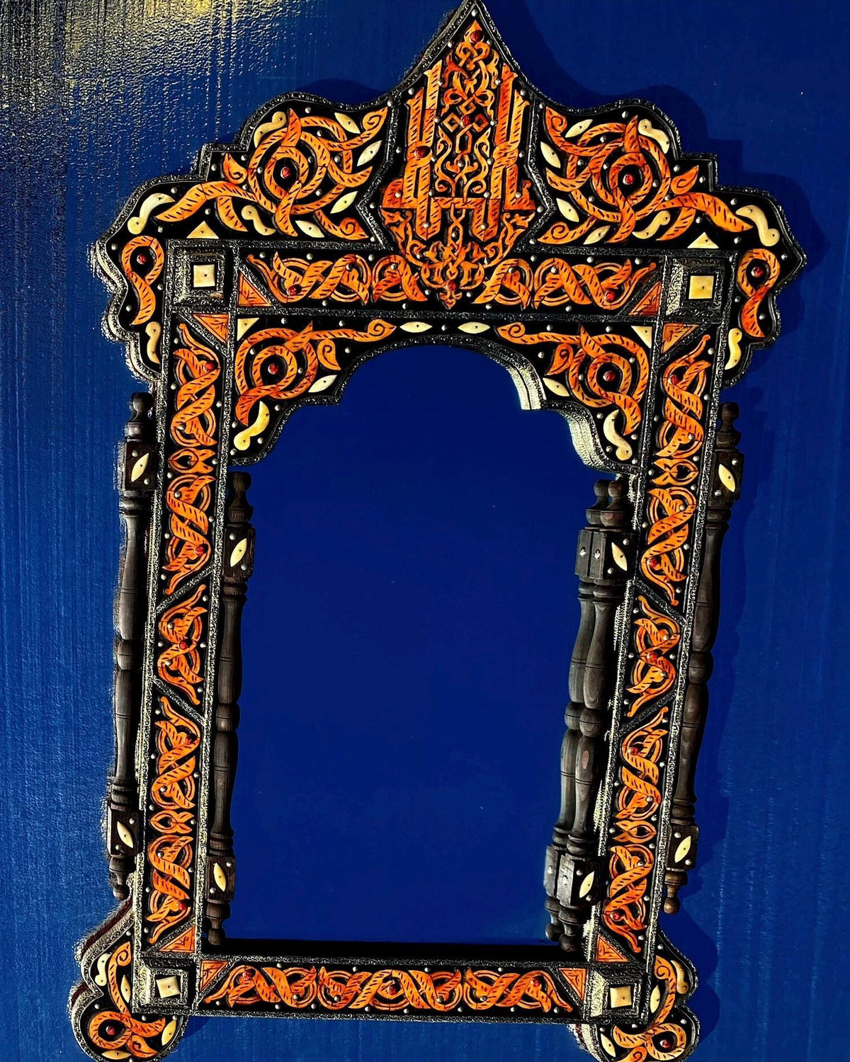 Handmade Moroccan Bone Inlay Mirror, Arabic Calligraphy Allah, Moorish Design 39” x 21”