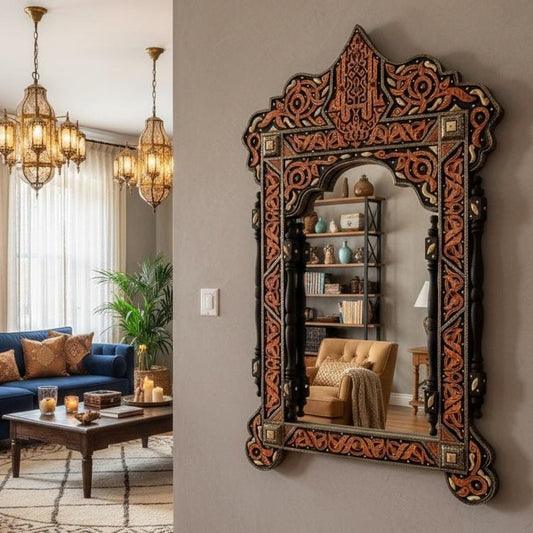 Handmade Moroccan Bone Inlay Mirror, Arabic Calligraphy Allah, Moorish Design 39” x 21”