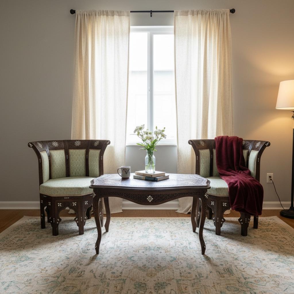 Antique Syrian Mother of Pearl Inlay Chairs and table Set: Unique furniture decor