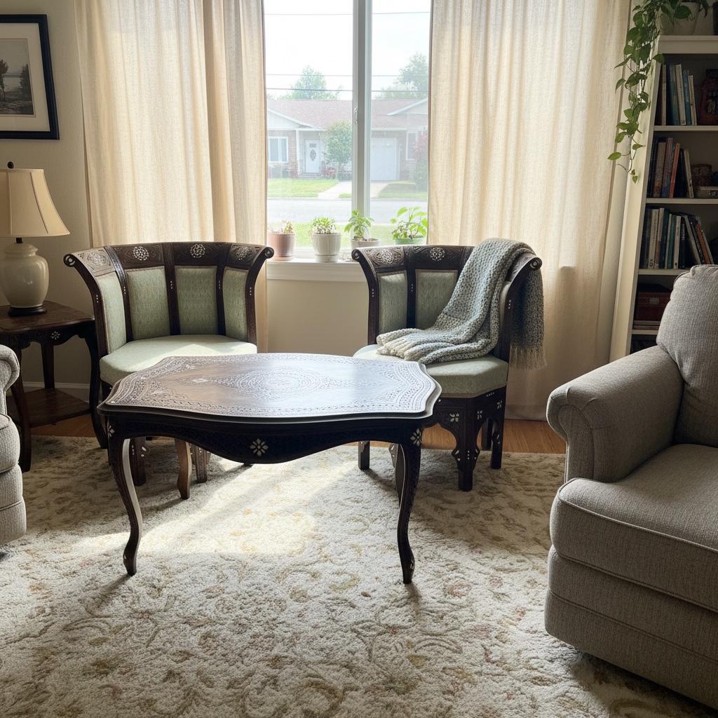 Antique Syrian Mother of Pearl Inlay Chairs and table Set: Unique furniture decor