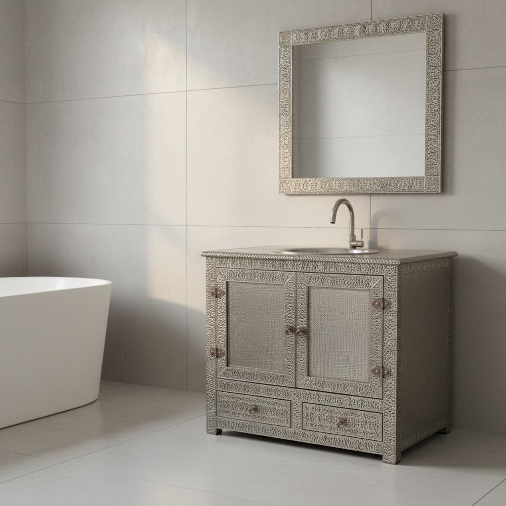 Nickel vanity sink cabinet: Moroccan bathroom decor