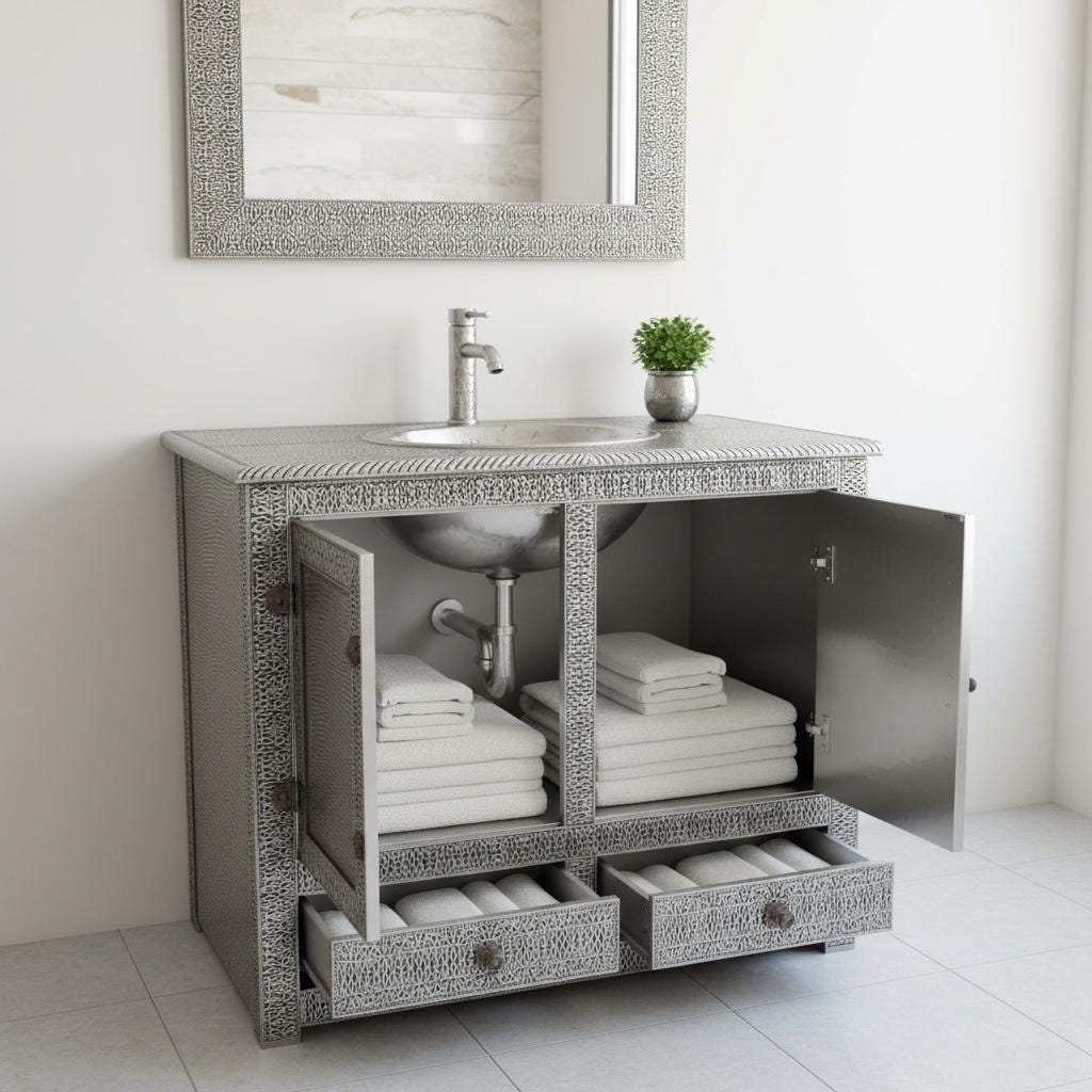 Nickel vanity sink cabinet: Moroccan bathroom decor