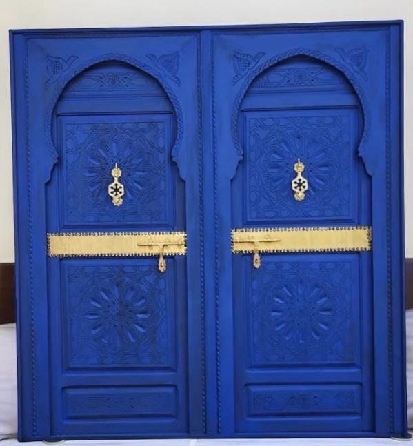 Handmade Moroccan Blue Headboard Bed, Carved  Doors & Brass door knockers