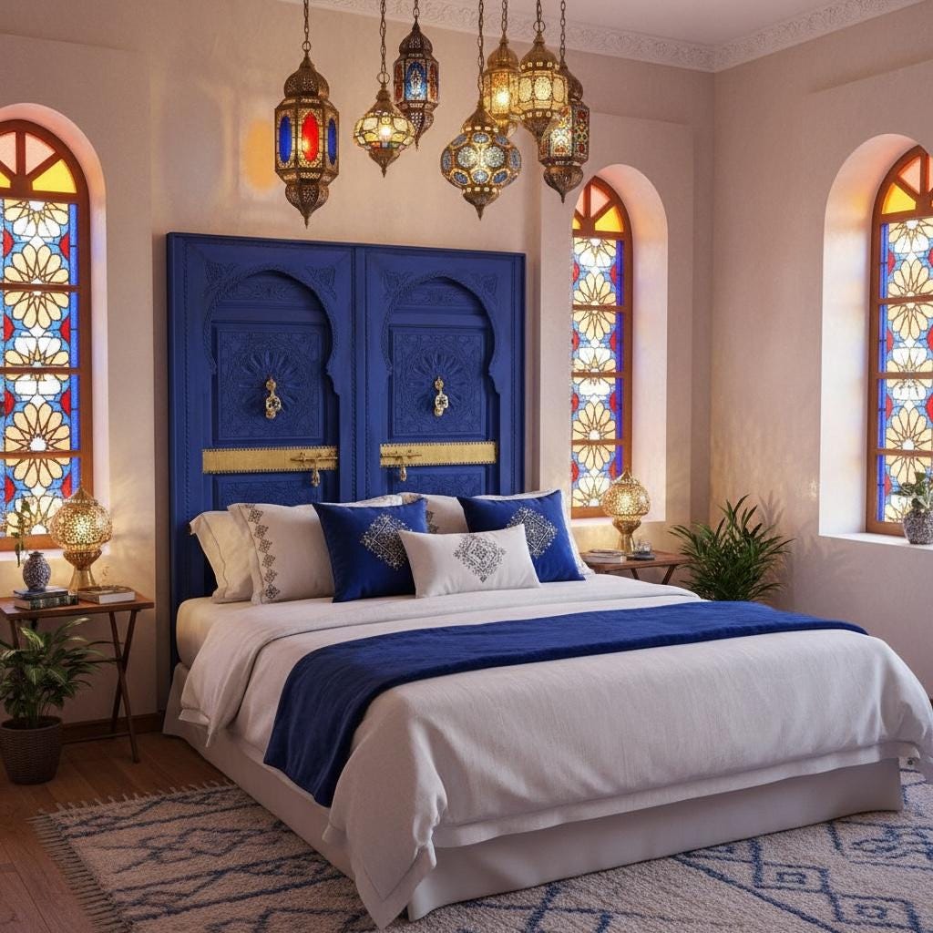 Handmade Moroccan Blue Headboard Bed, Carved  Doors & Brass door knockers