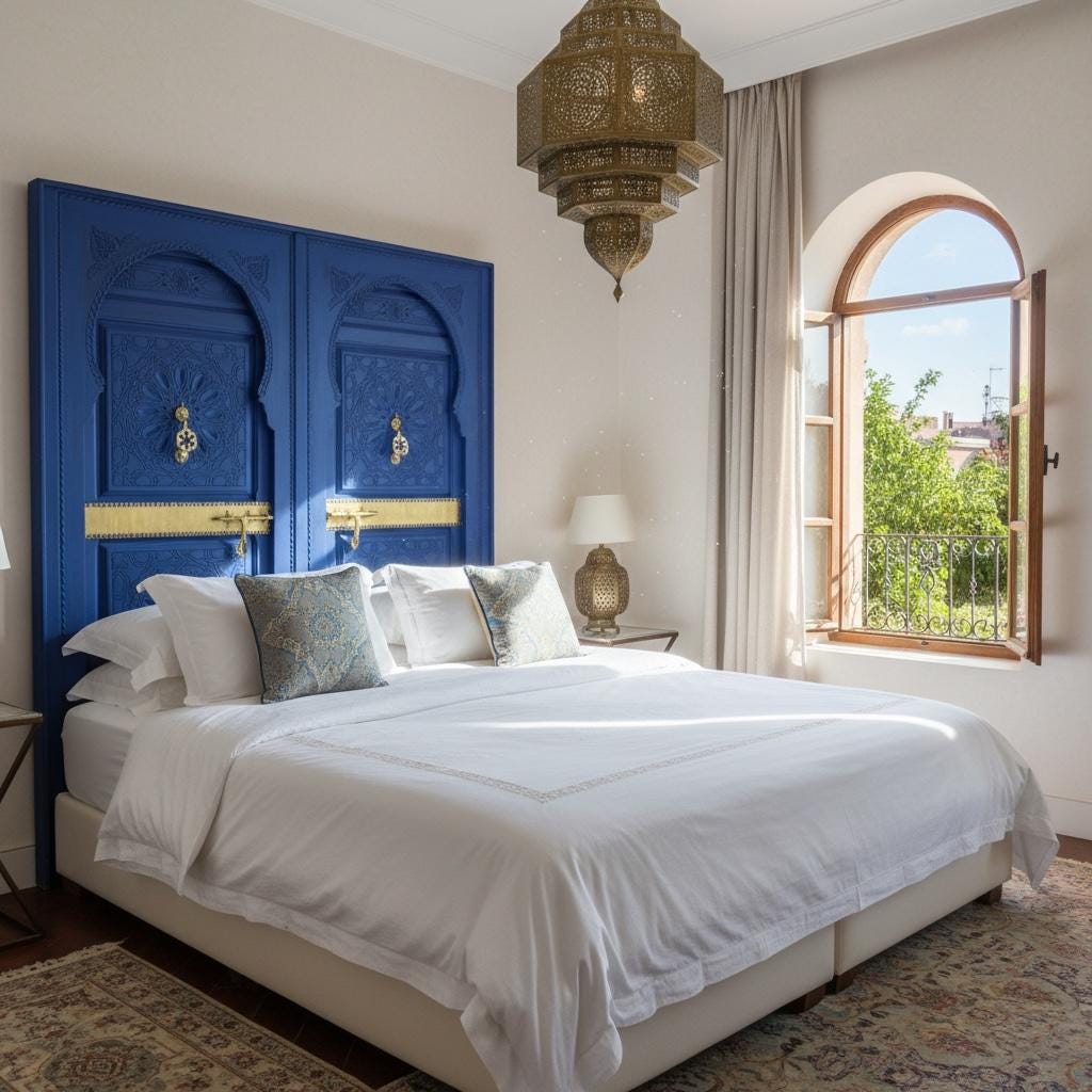 Handmade Moroccan Blue Headboard Bed, Carved  Doors & Brass door knockers