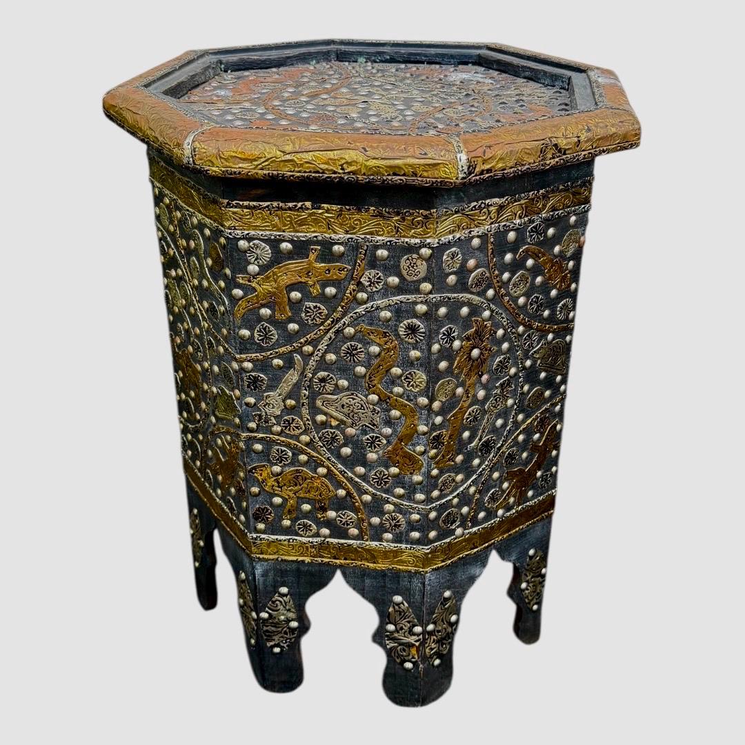 Vintage Moroccan Table, Handmade Berber Wooden Metal Inlay