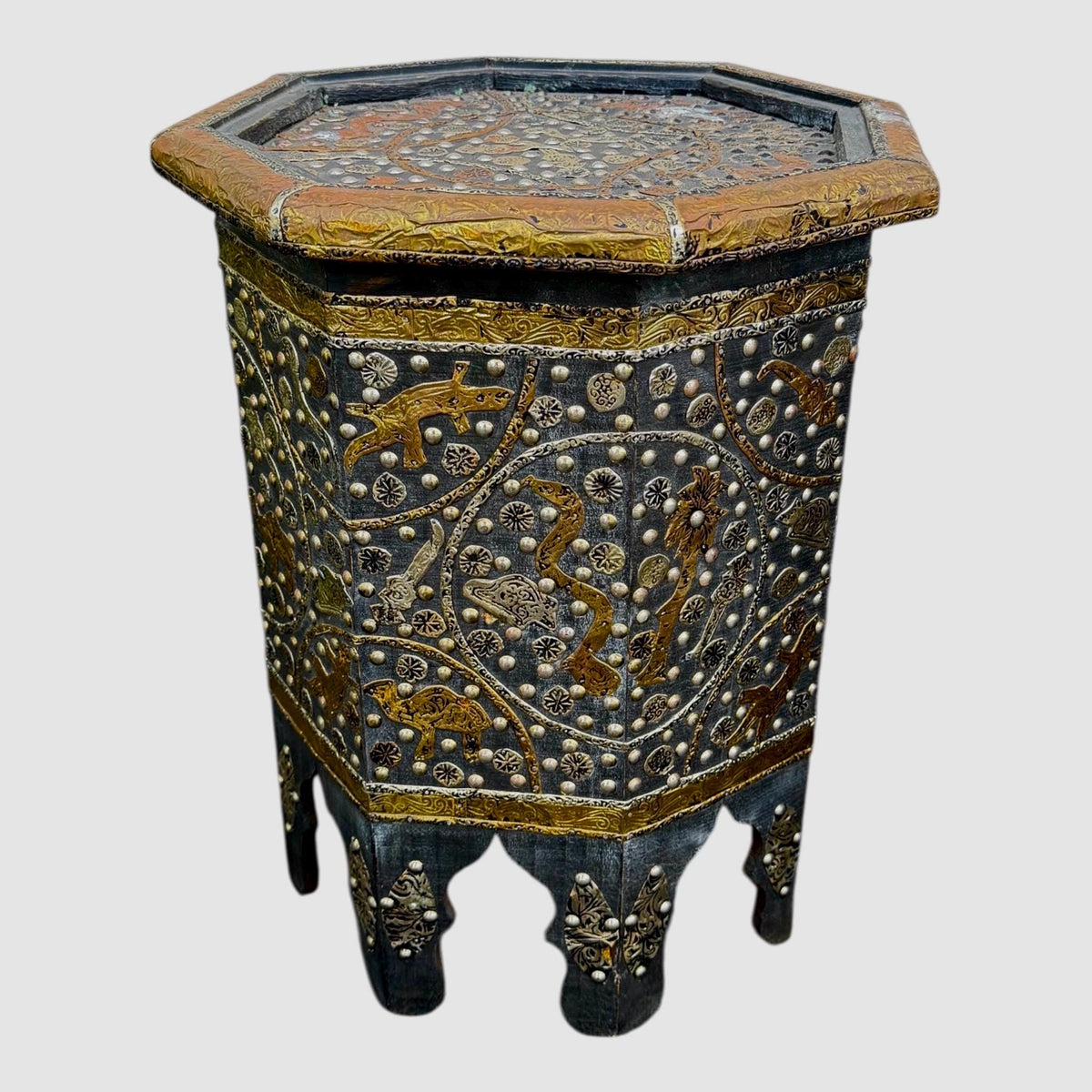Vintage Moroccan Table, Handmade Berber Wooden Metal Inlay