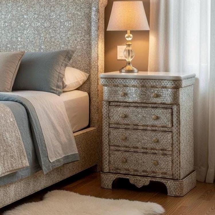Vintage Mother of Pearl Inlay Nightstand, Syrian Chest with Marble Top