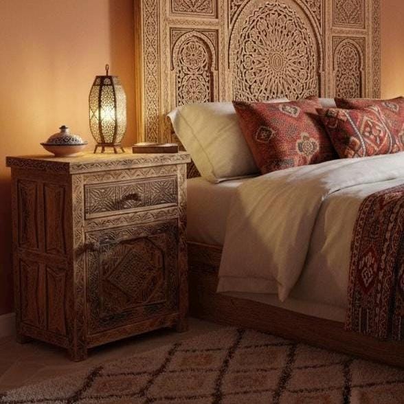 Two African hand carved nightstands moroccan bedroom furniture
