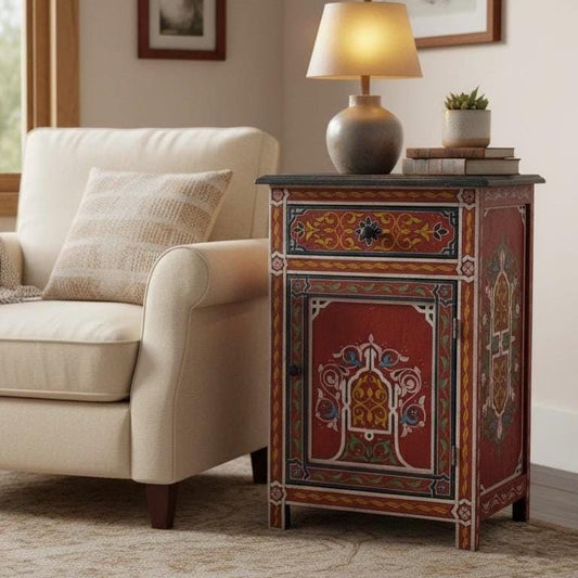 Moroccan hand painted end table: vintage nightstand for your home decor