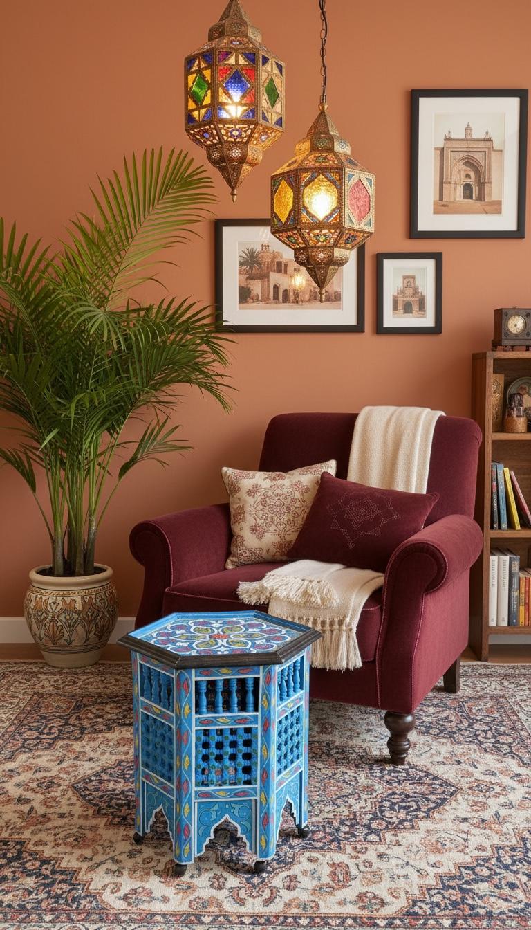 Hand-Painted Moroccan Side Table: Zouaq Artistry, Geometric Wood Furniture