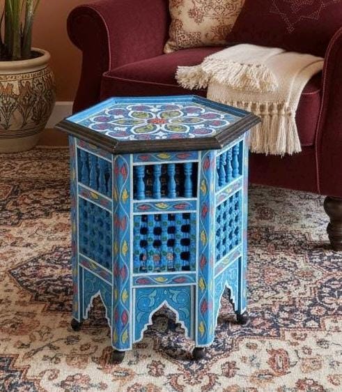 Hand-Painted Moroccan Side Table: Zouaq Artistry, Geometric Wood Furniture