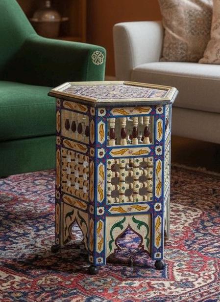 Hand-Painted Moroccan Side Table: Zouaq Artistry, Geometric Patterns, Hexagonal Furniture