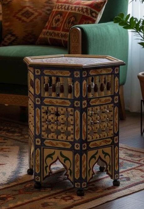 Hand-Painted Moroccan Side Table: Zouaq Artistry, Geometric Patterns, Hexagonal Furniture