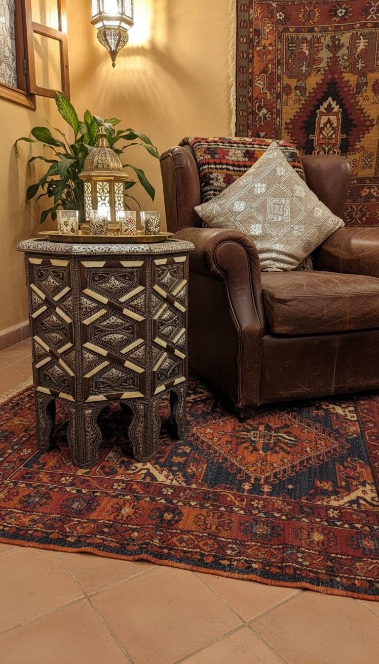Vintage Moroccan Bone Inlay silver metal side Table: One of a kind Handmade coffee table