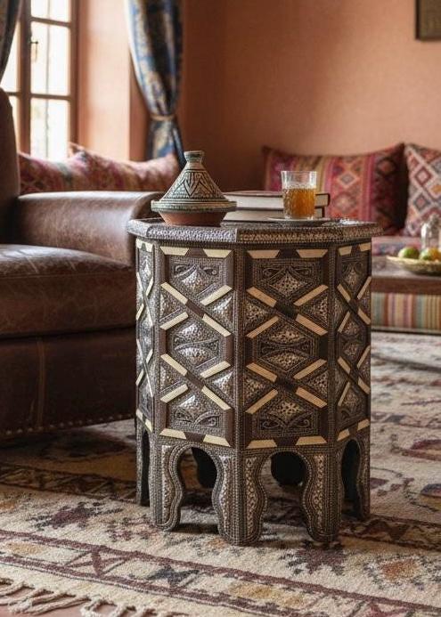 Vintage Moroccan Bone Inlay silver metal side Table: One of a kind Handmade coffee table