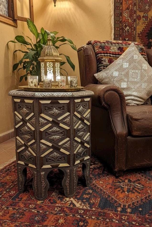 Vintage Moroccan Bone Inlay silver metal side Table: One of a kind Handmade coffee table