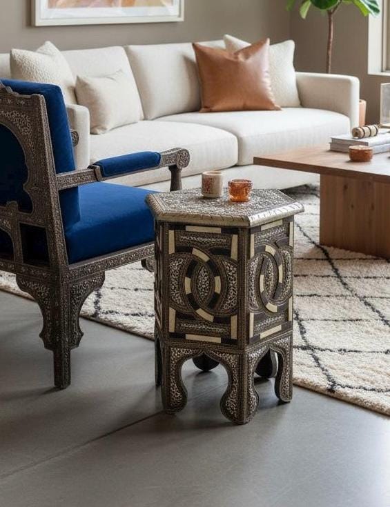 Vintage Moroccan Bone Inlay silver metal side Table: One of a kind Handmade coffee table