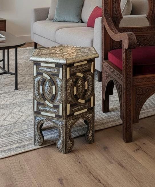 Vintage Moroccan Bone Inlay silver metal side Table: One of a kind Handmade coffee table