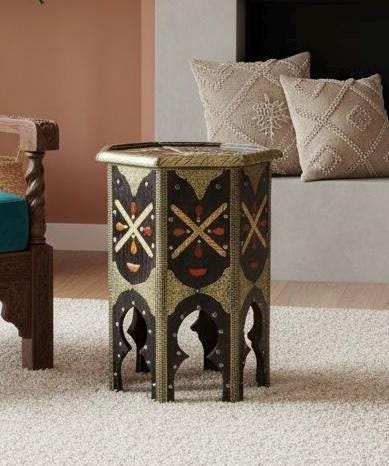 Antique Moroccan Bone Inlay  side Table: One of a kind Handmade coffee table