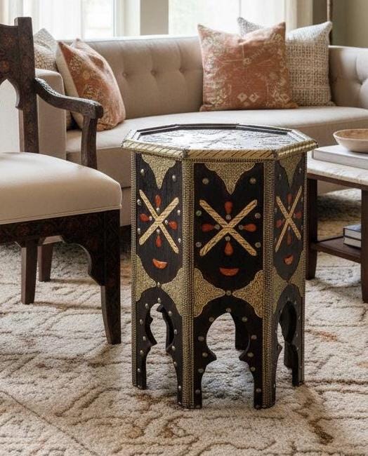 Antique Moroccan Bone Inlay  side Table: One of a kind Handmade coffee table