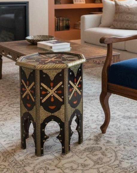 Antique Moroccan Bone Inlay  side Table: One of a kind Handmade coffee table
