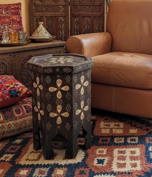 Antique Moroccan Bone Inlay side Table: One of a kind Handmade coffee table