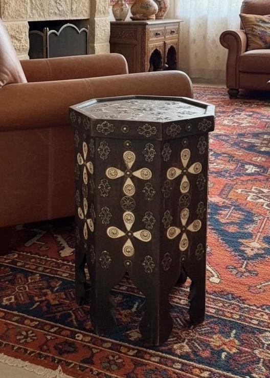 Antique Moroccan Bone Inlay side Table: One of a kind Handmade coffee table