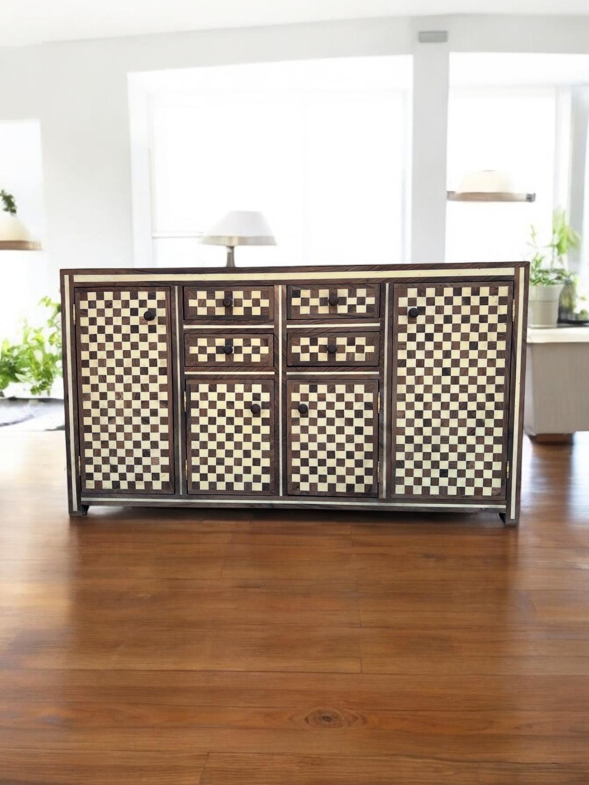 A unique walnut Wood resin Inlay Cabinet: Moroccan home decor