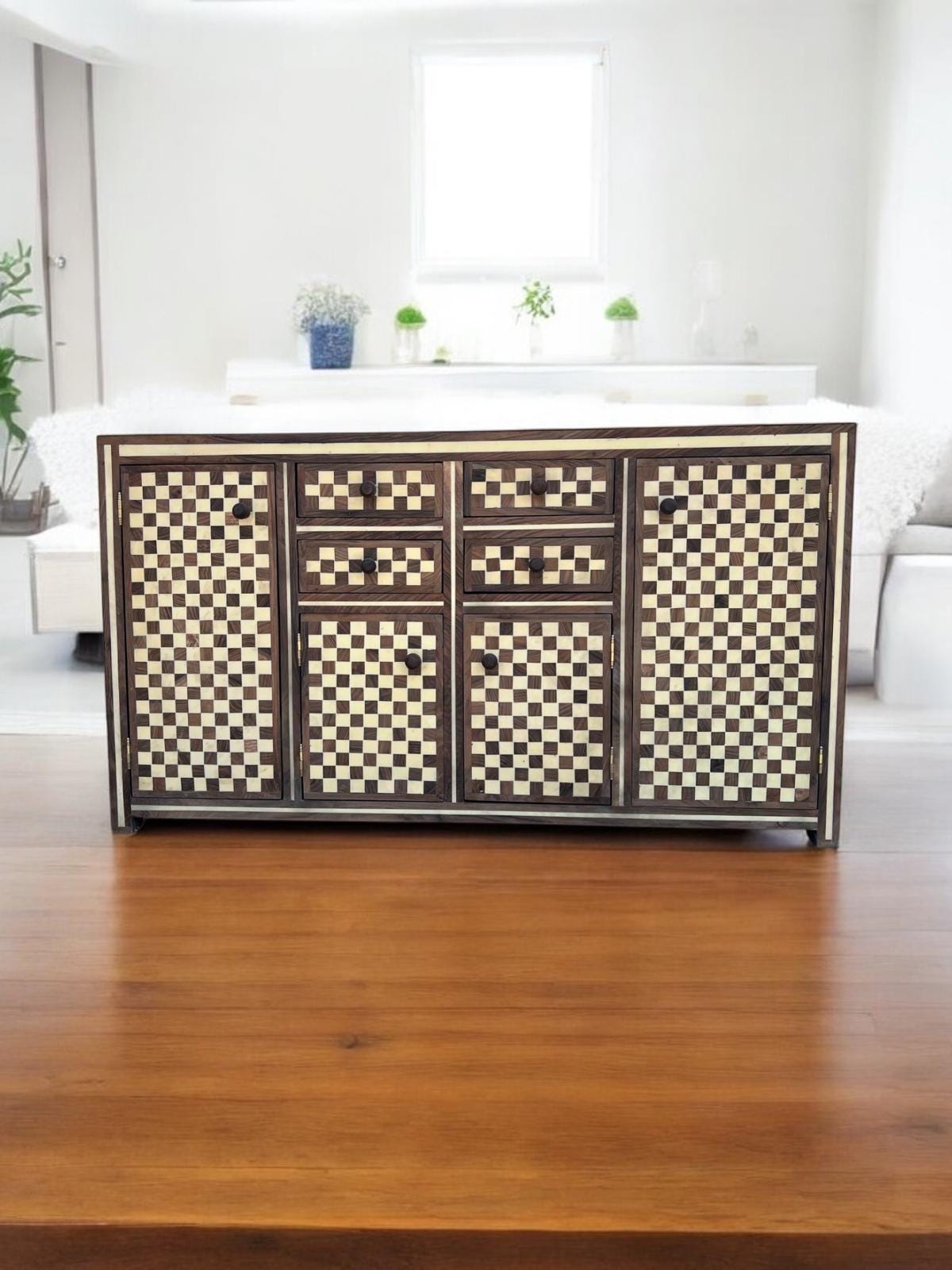 A unique walnut Wood resin Inlay Cabinet: Moroccan home decor