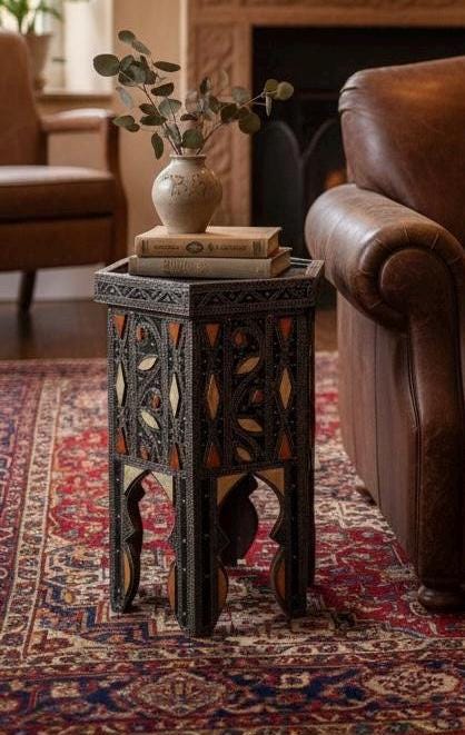 Antique Moroccan Bone Inlay side Table: One of a kind Handmade coffee table