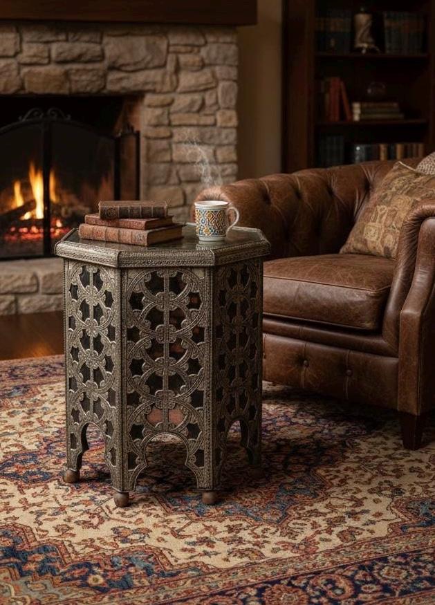 Vintage eclectic Moroccan silver metal side Table: One of a kind Handmade coffee table