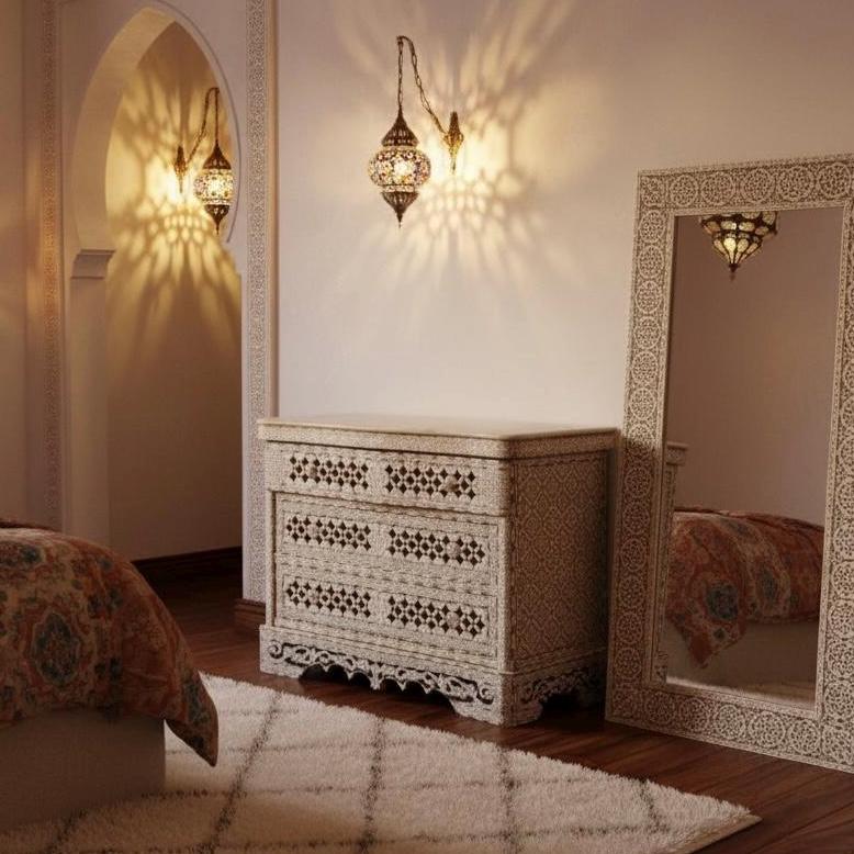 Vintage Syrian Mother of Pearl Inlaid Dresser, Moroccan Bone Chest