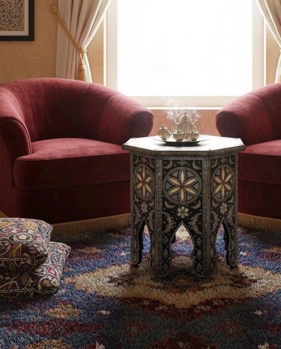 One of a kind vintage unique Bone Inlay side Table: Handmade Moroccan coffee table