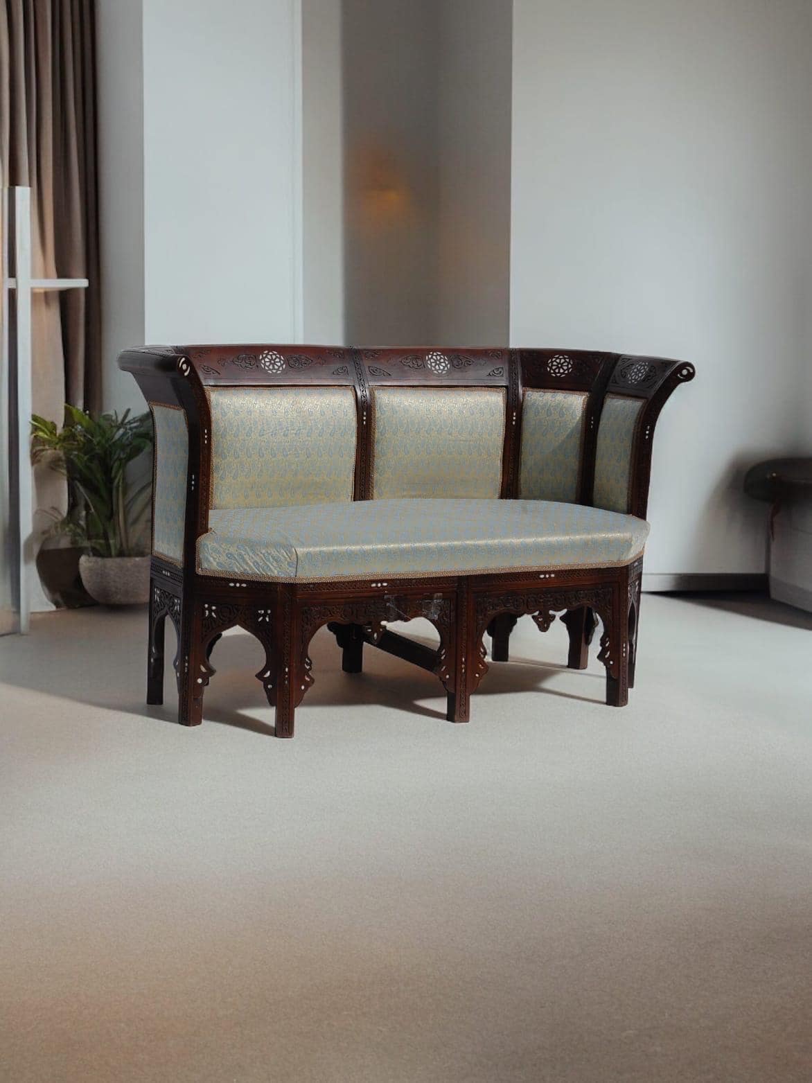 Vintage upholstered mother of pearl bench, wooden Levantine furniture