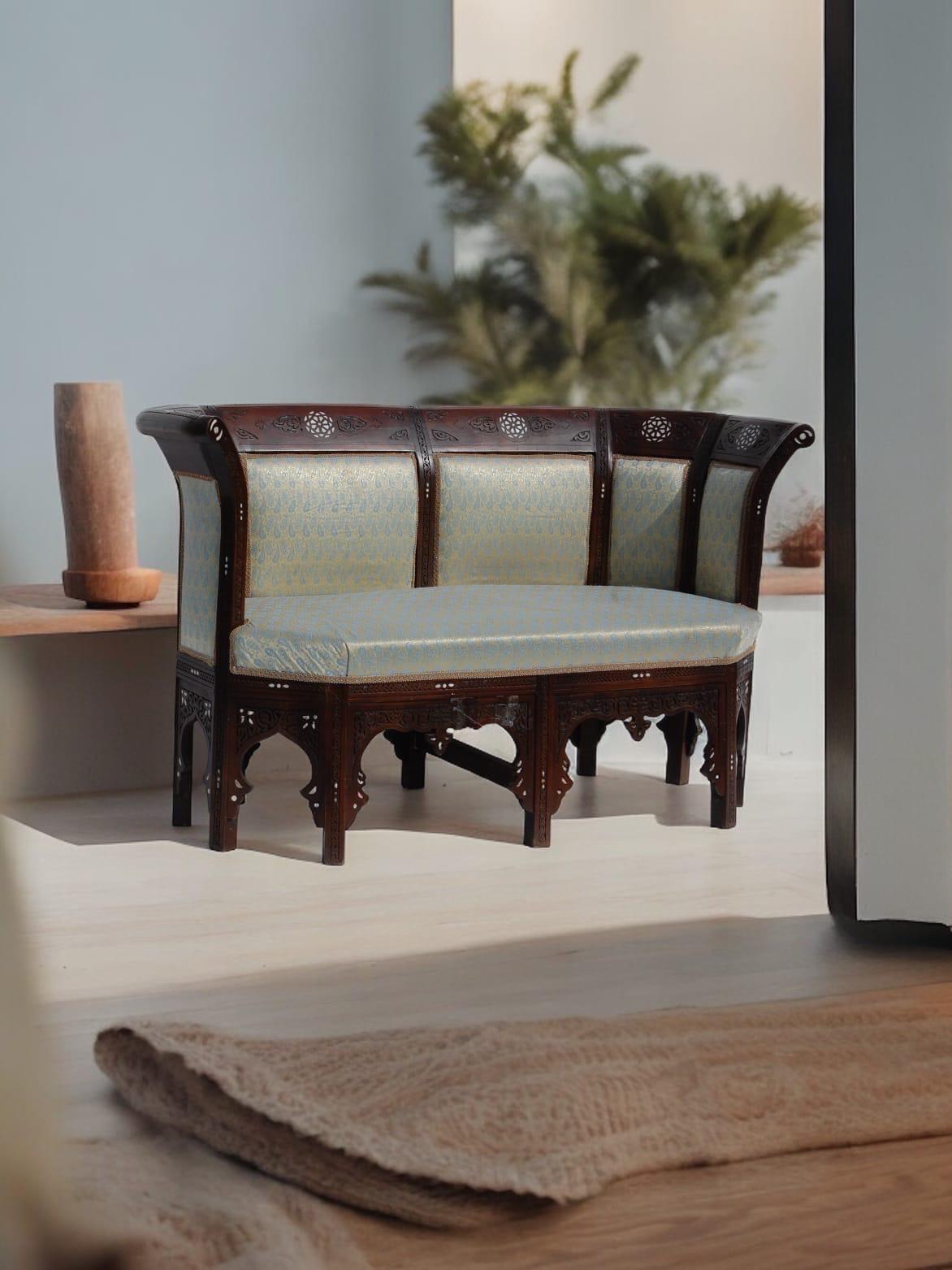 Vintage upholstered mother of pearl bench, wooden Levantine furniture